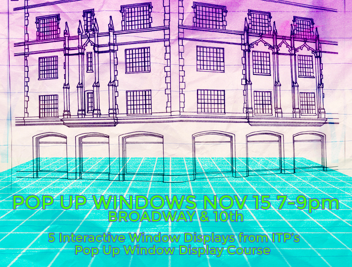 Show poster for Pop-Up Windows, featuring a graphic of the building windows where the show takes place