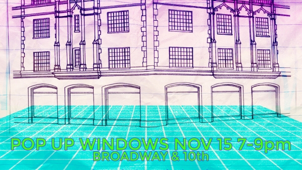 Show poster for Pop-Up Windows, featuring a graphic of the building windows where the show takes place