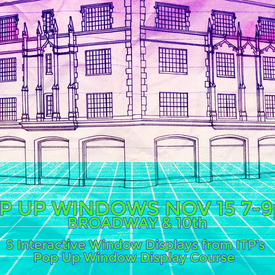 Show poster for Pop-Up Windows, featuring a graphic of the building windows where the show takes place