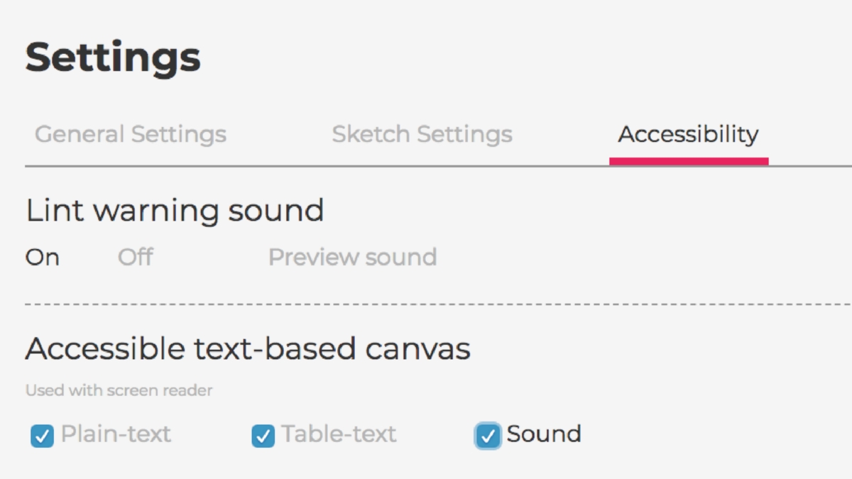 Screenshot of the accessibility settings of the p5.js web editor. These settings include lint warning sounds, text, and table-text outputs for screen readers, and sound output.