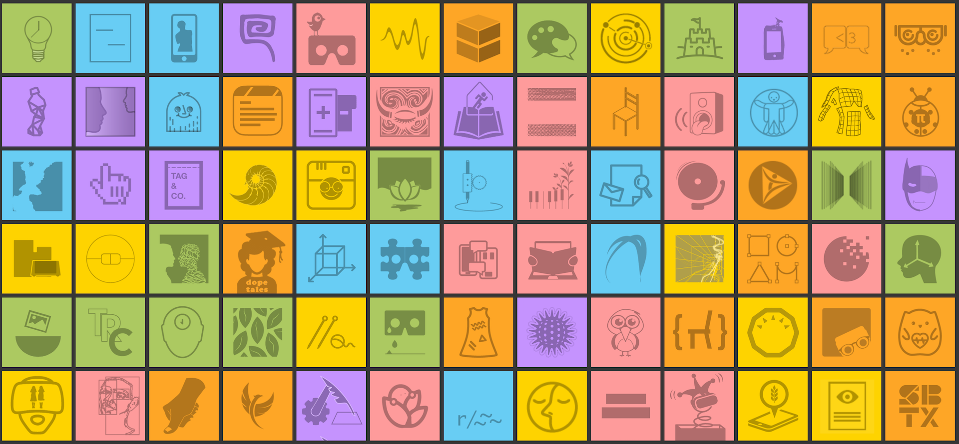 image showing different colored tiles with small logos representing different ITP Thesis projects