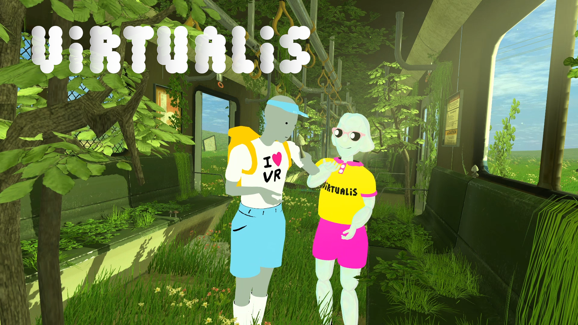 Image of two virtual people talking to one another against a green background.