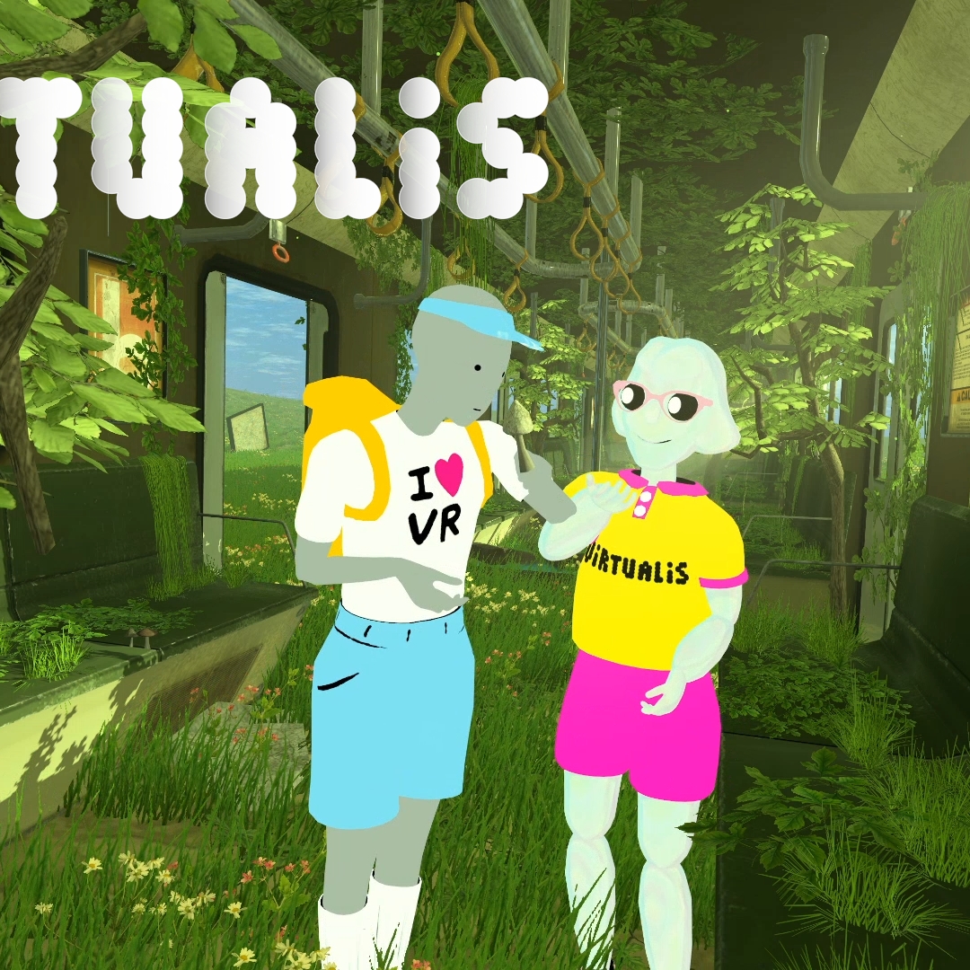 Image of two virtual people talking to one another against a green background.