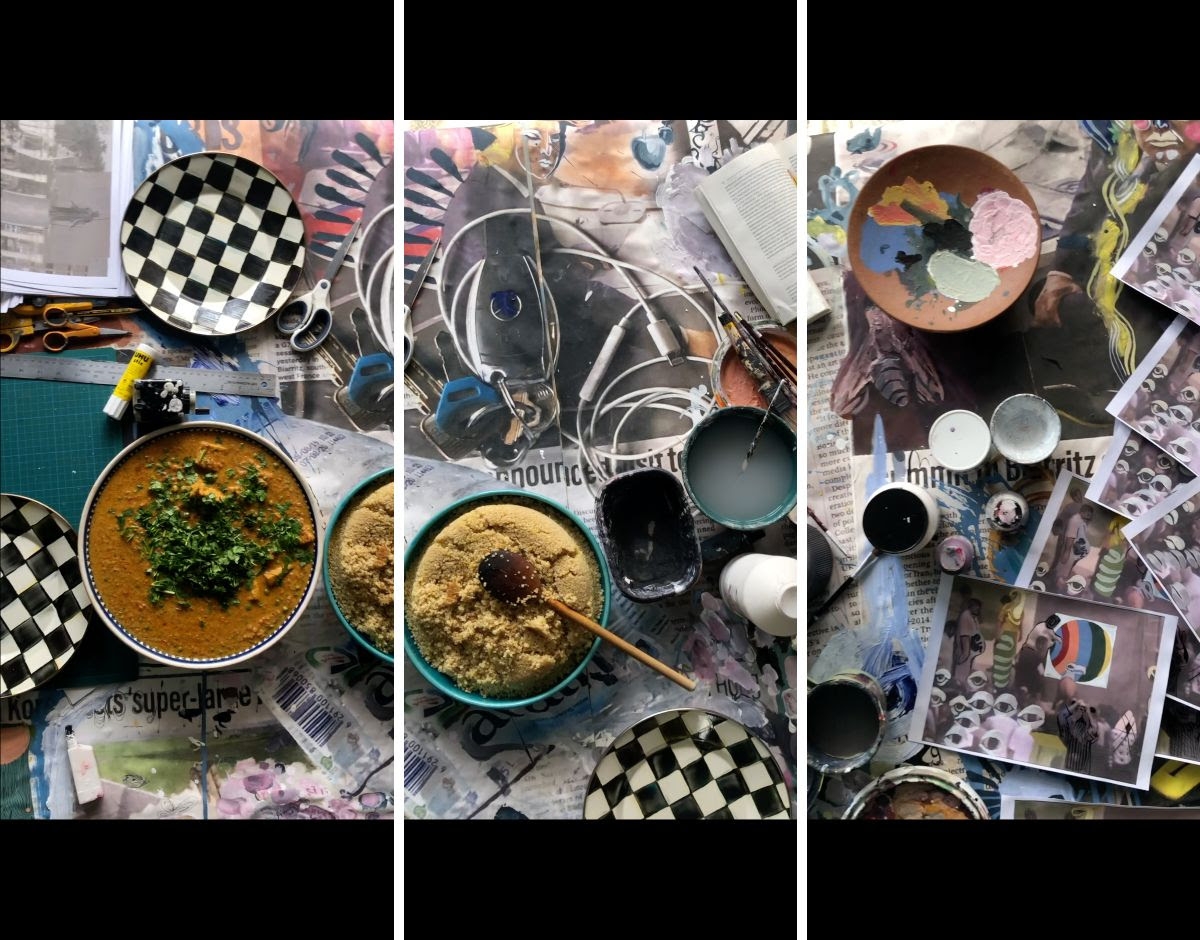 bowls of soup, spices, art supplies