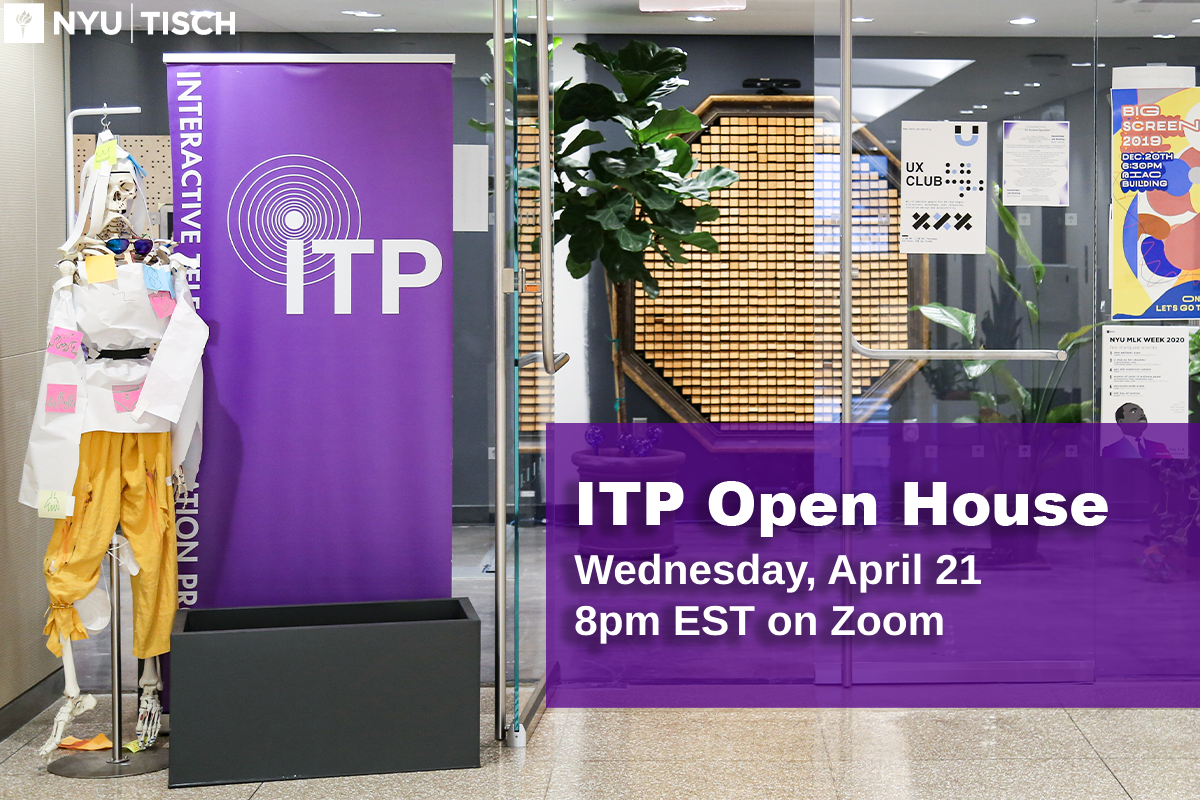 A photo of an open glass door with an ITP banner to the left and a brightly colored fake skeleton on the far left side