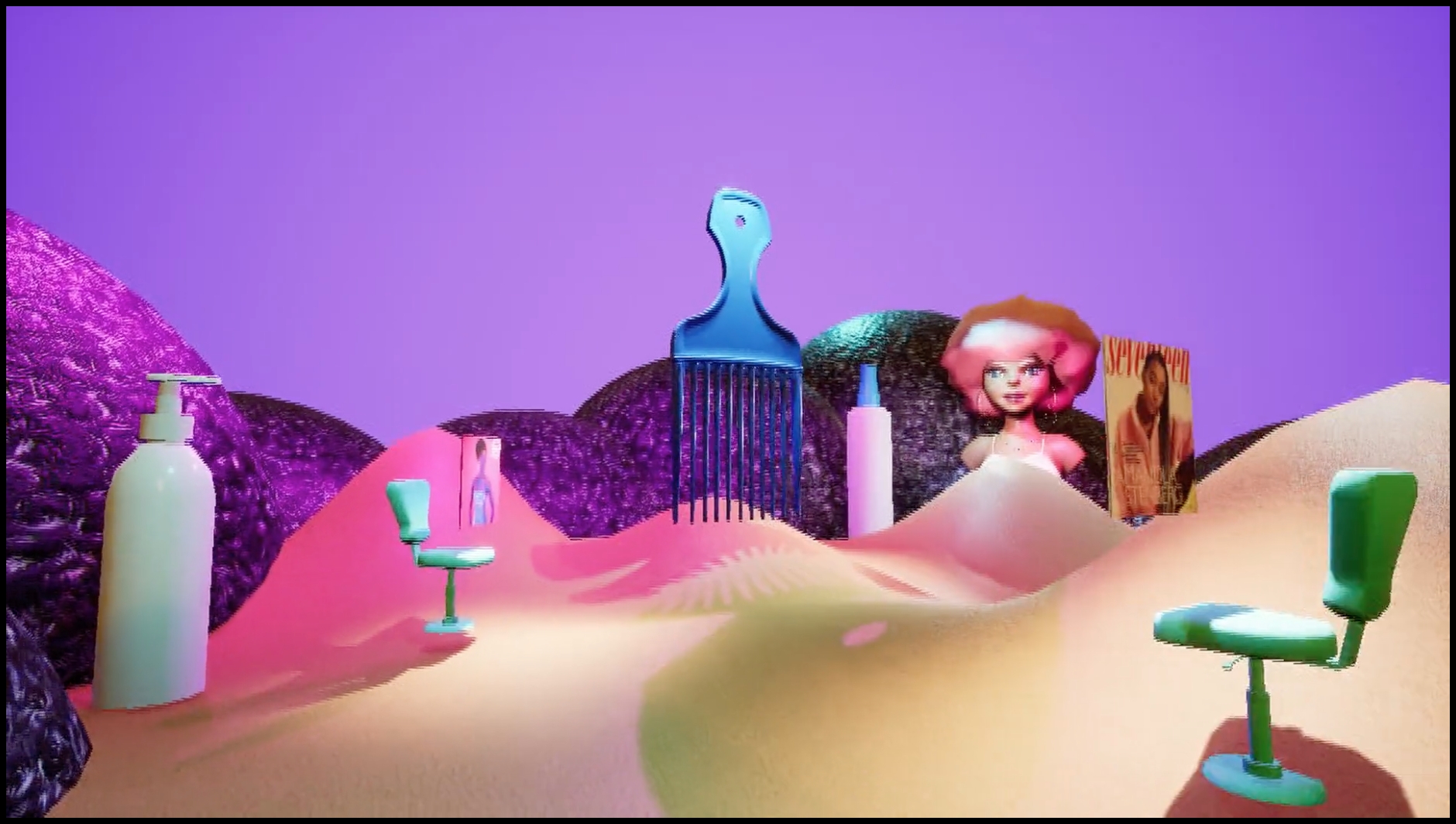 A 3D virtual landscape that depicts salon chairs, a giant hair pick, bottles of lotion, a girl with an afro hairstyle, and a Seventeen magazine with a Black model on the cover.