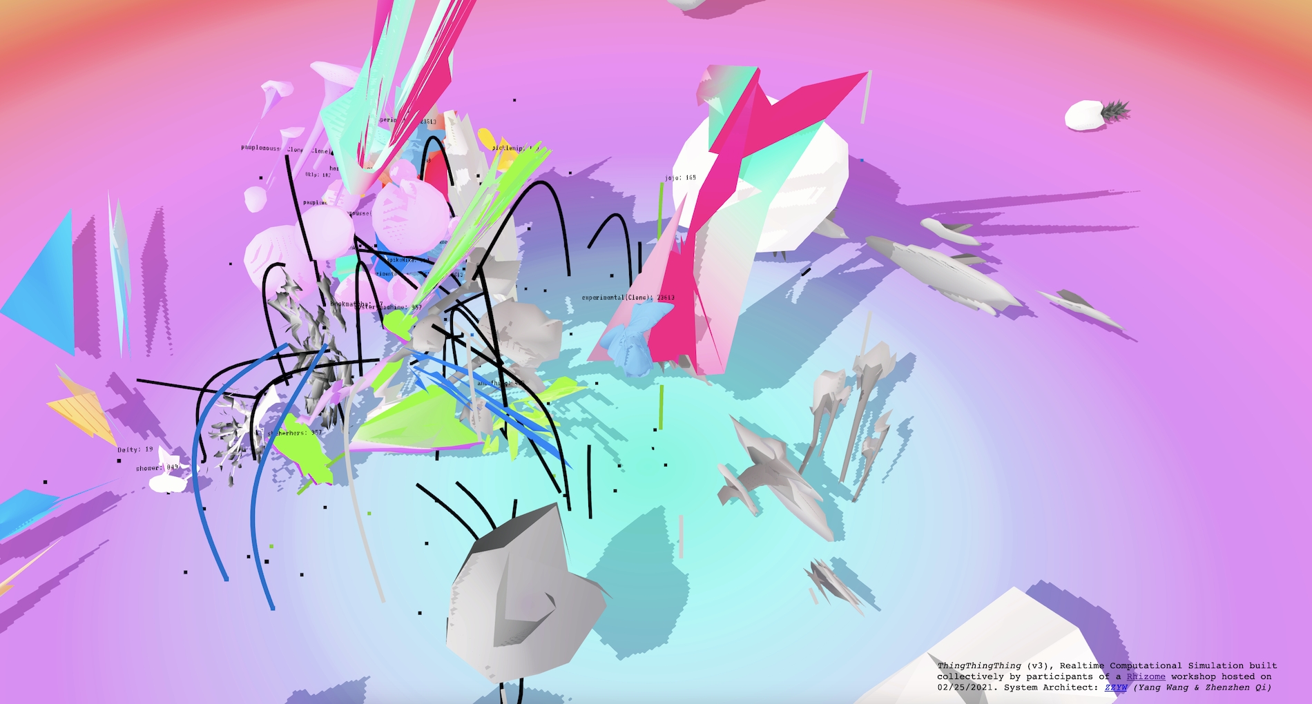 Brightly colored neon 2D and 3D shapes in a psychedelic virtual space