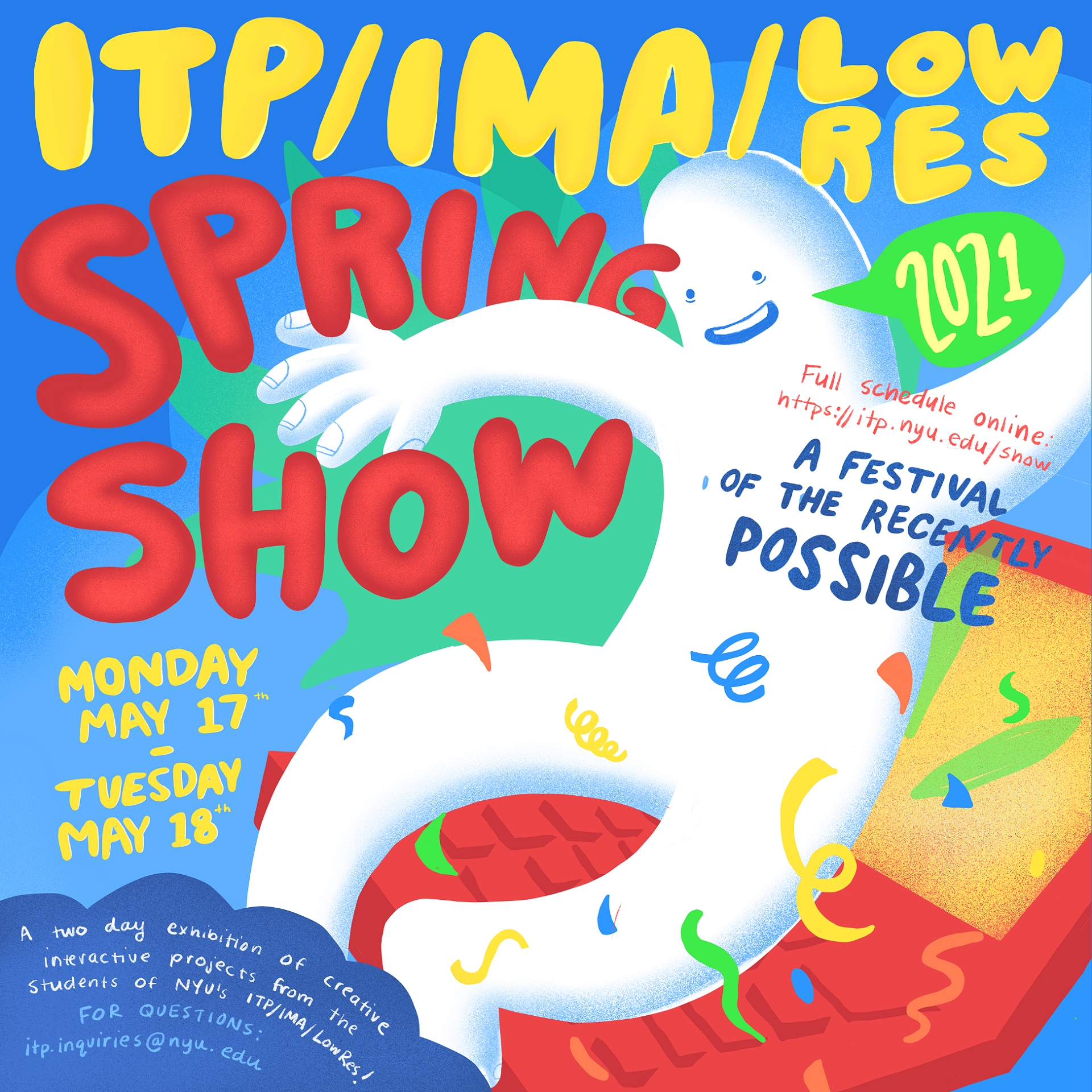 graphic of spring show with a white marshmallow person