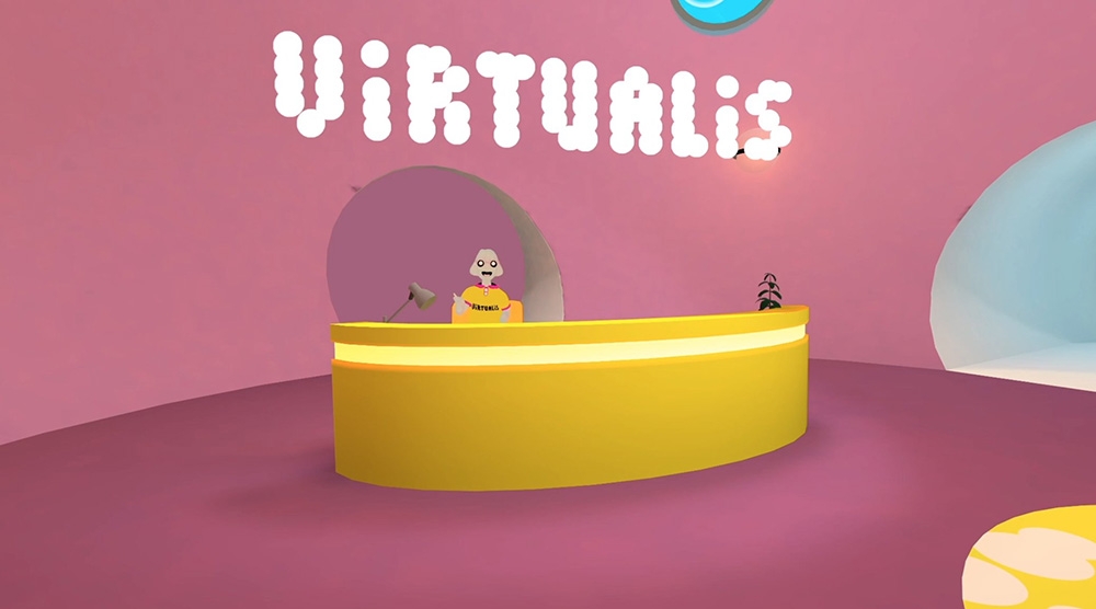 a VR graphic of a character behind a long yellow counter