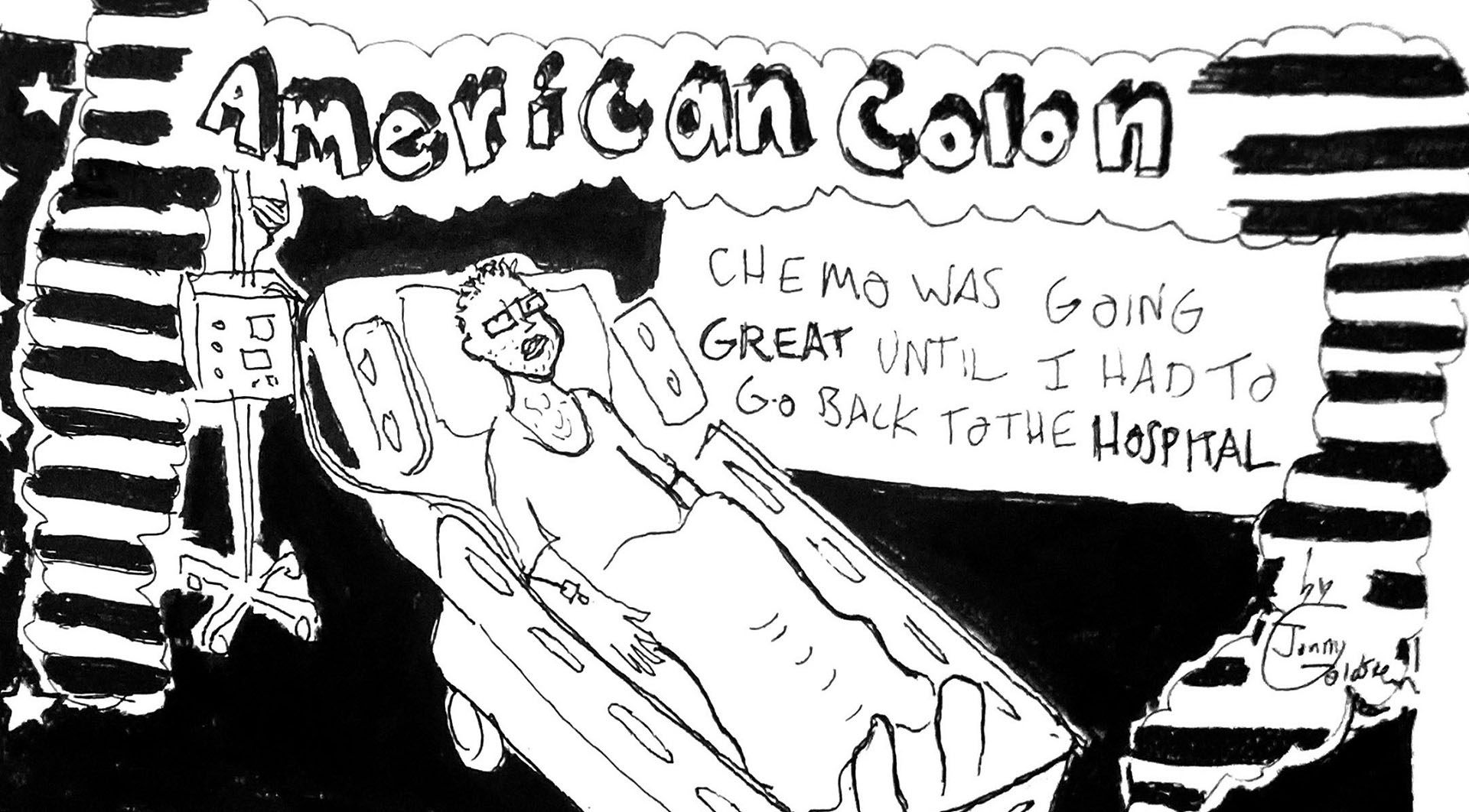 Image of cartoon man lying hospital bed.