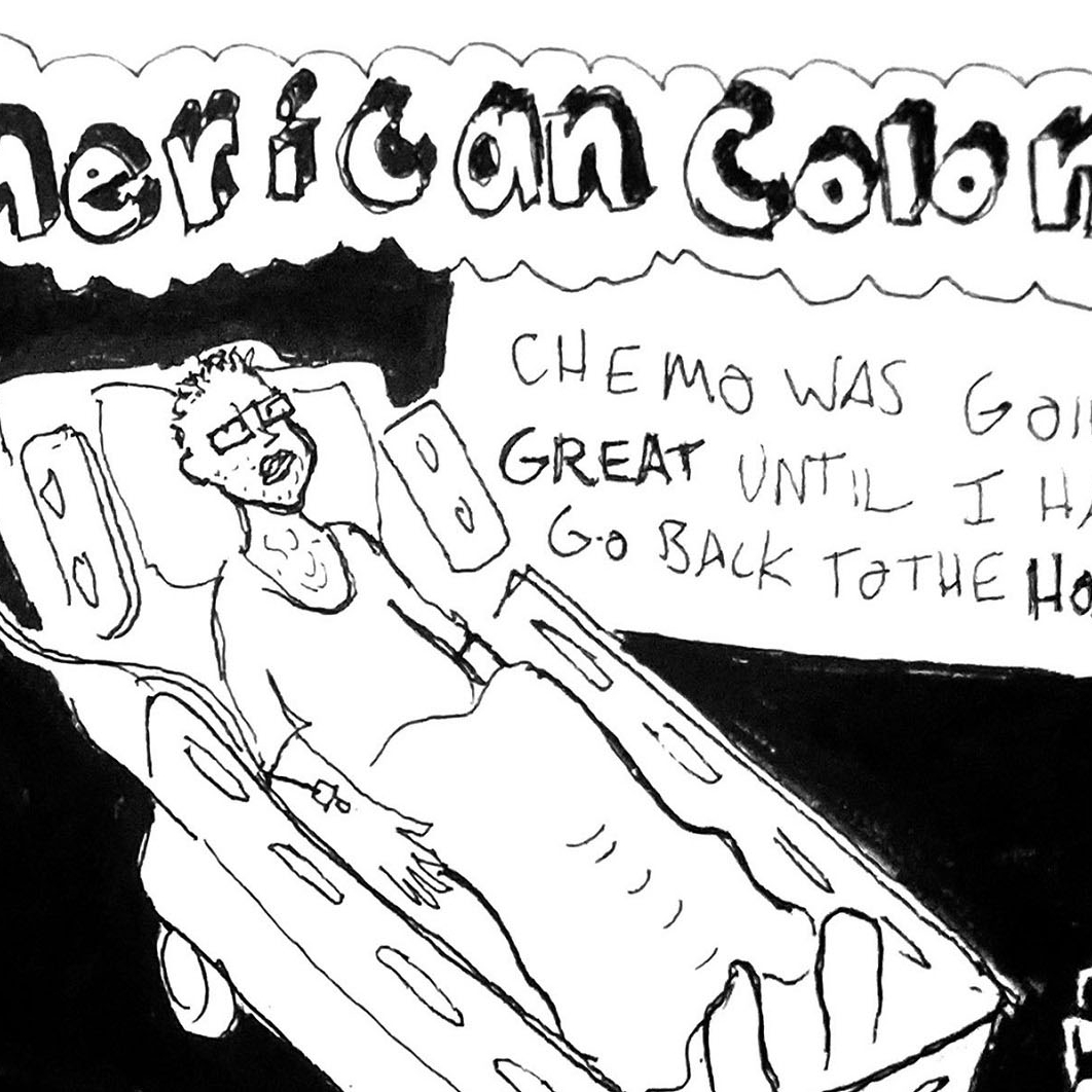 Image of cartoon man lying hospital bed.