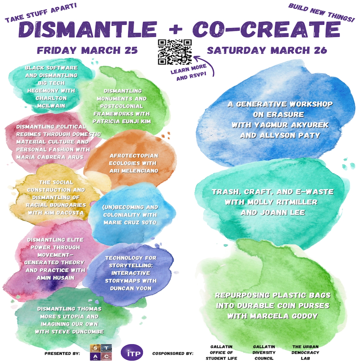 Dismantle poster with colorful water color splatter explaining all workshops