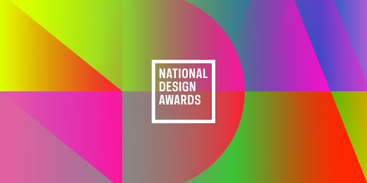 Bright, prismatic graphic pattern with a center logo in white type reading \"NATIONAL DESIGN AWARDS\"