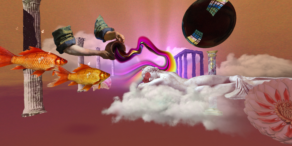 Floating goldfish and clouds with other items in a surrealist composition