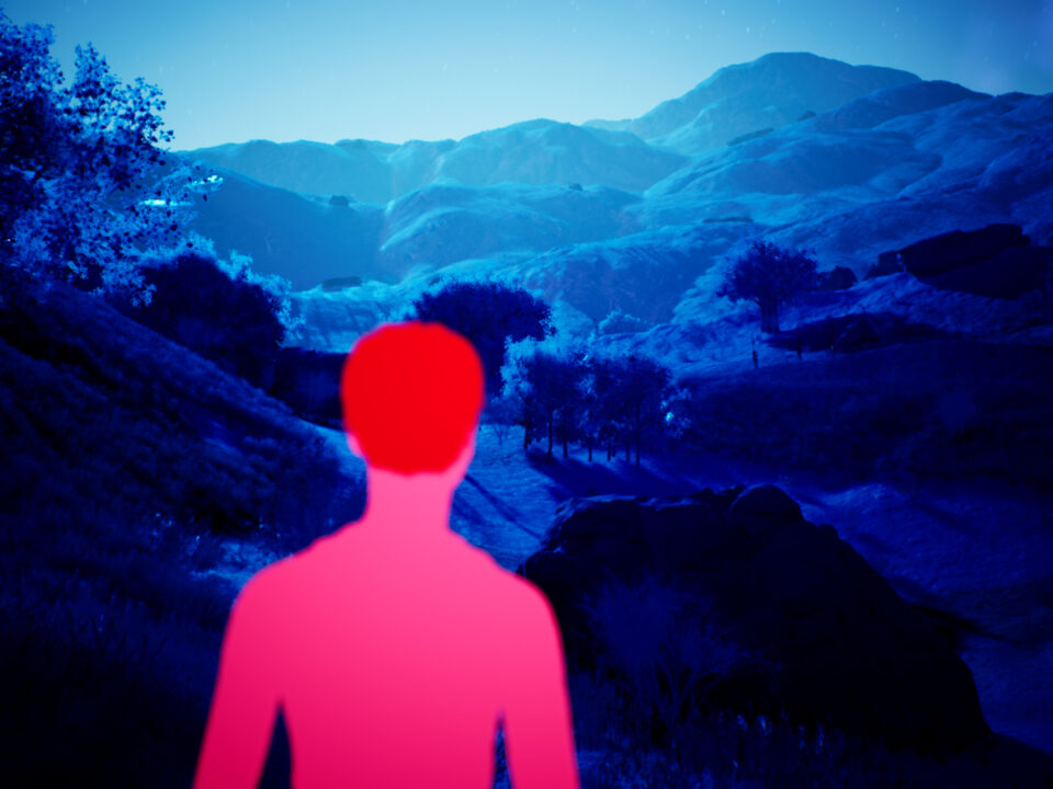 Screenshot from "Arcadia Inc." of a red man in a blue landscape