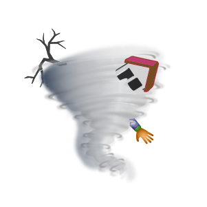 Image showing a tornado eating up a house, a tree and a human