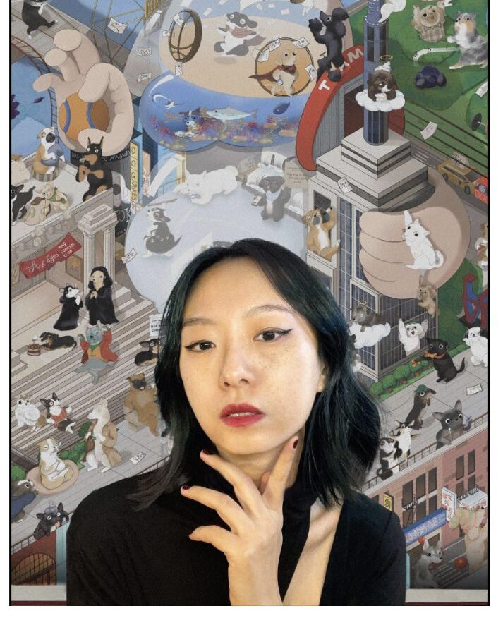 Photo of Wei Kang in front of her art