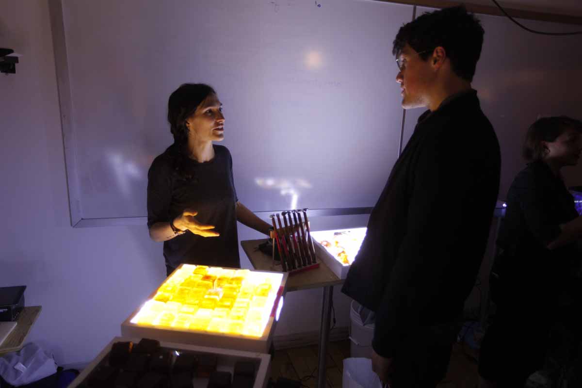 a light bed with glowing cubes