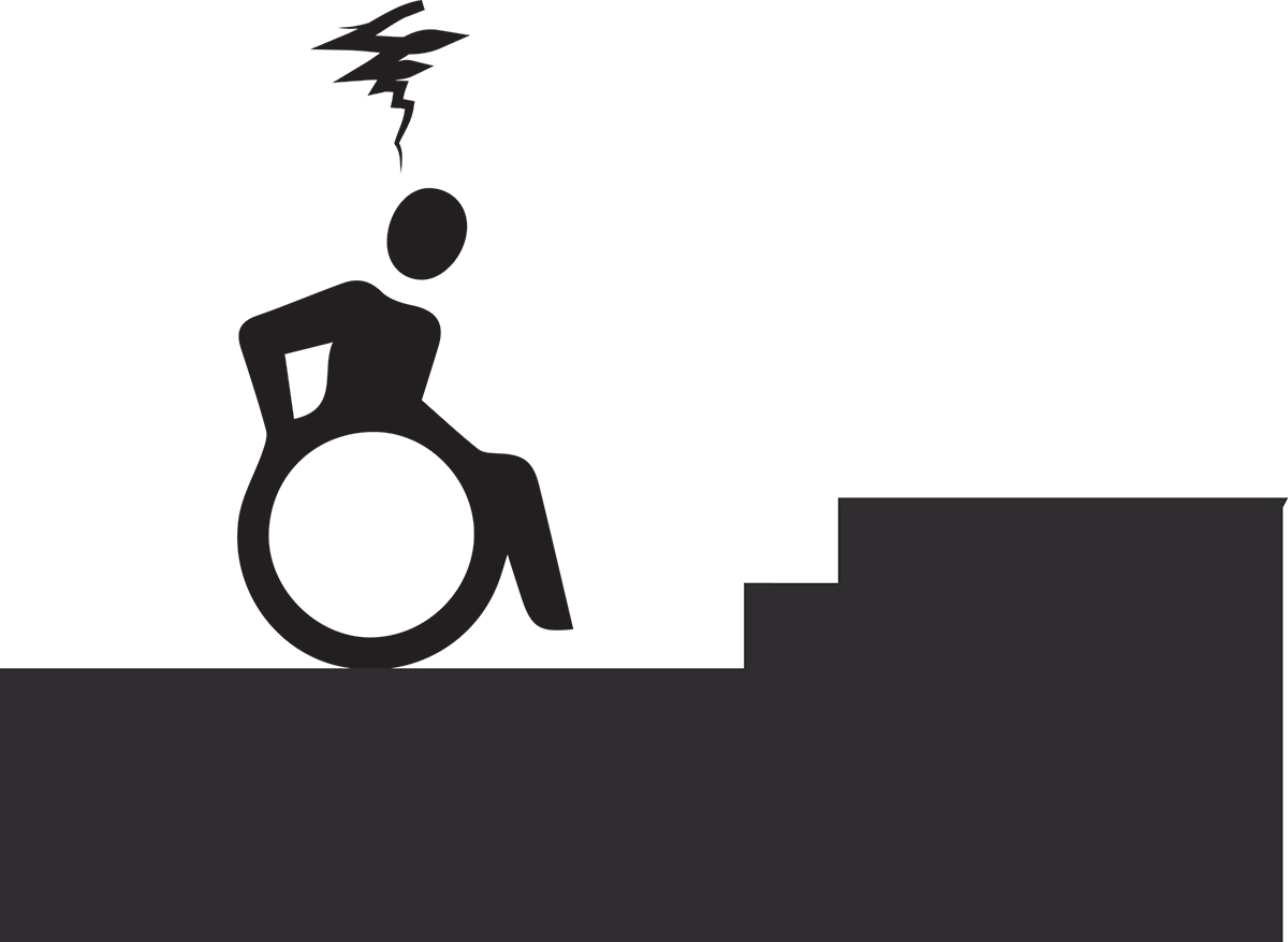 a drawing of a person in a wheelchair trying to get up stairs