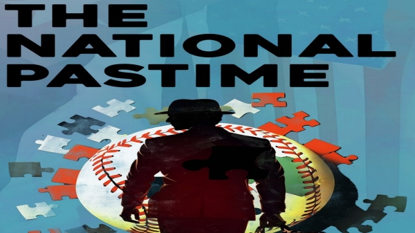 A man in shadow, dressed like a spy, walks toward a large baseball and puzzle pieces in the background of the poster. Text reads: The National Pastime