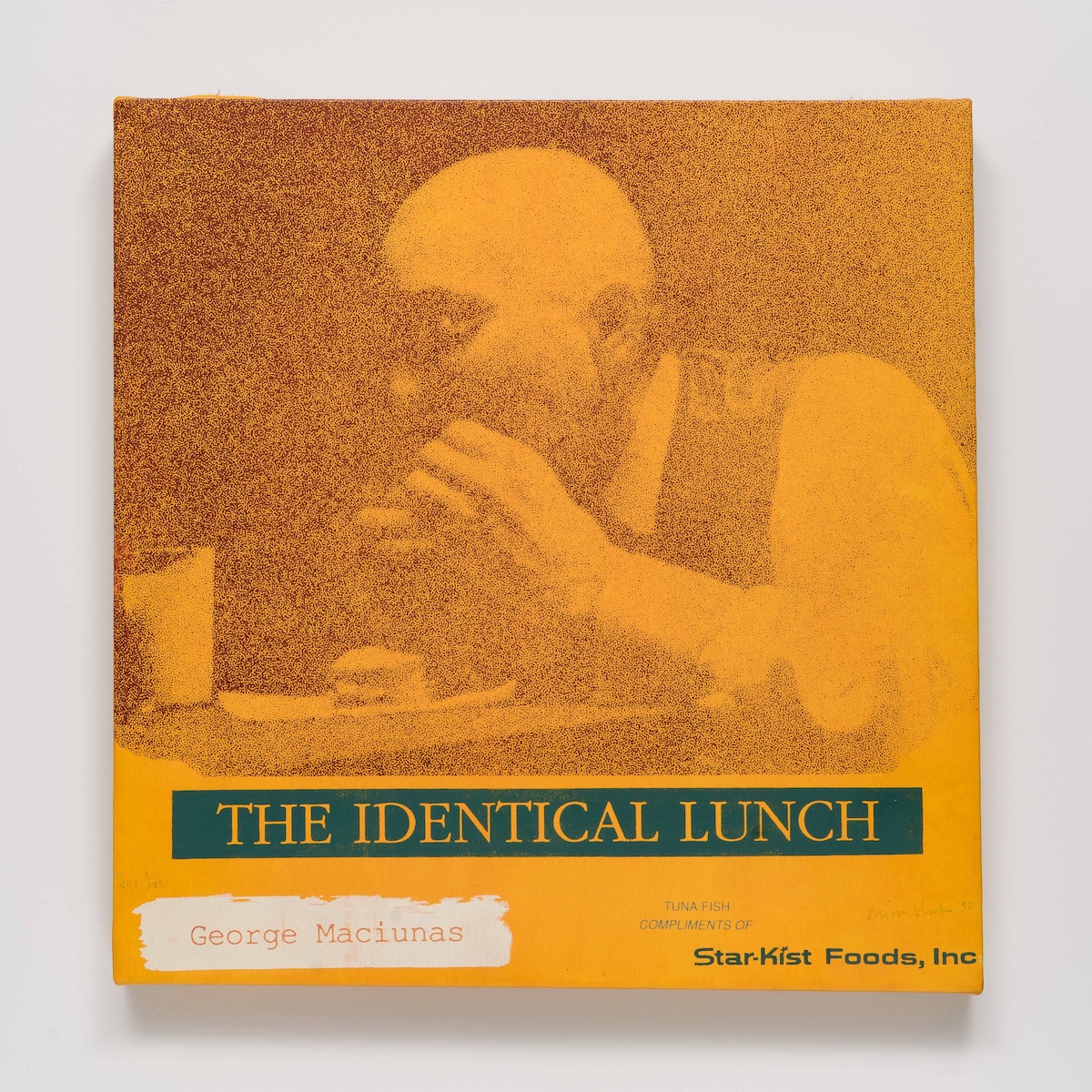 Alison Knowles, George Maciunas Performs the Identical Lunch, 1968–69, realized 1992. Screen print on canvas, 19 x 18 in. Collection of Hannah B Higgins and Joseph Reinstein. Photo: Robert Chase Heishman