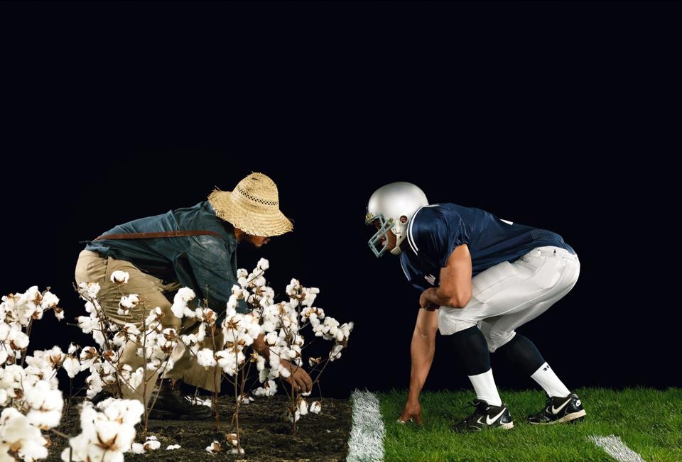 two men face off: football, picking cotton