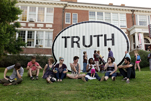 Outdoor installation of "The Truth Booth" project by Hank Willis Thomas