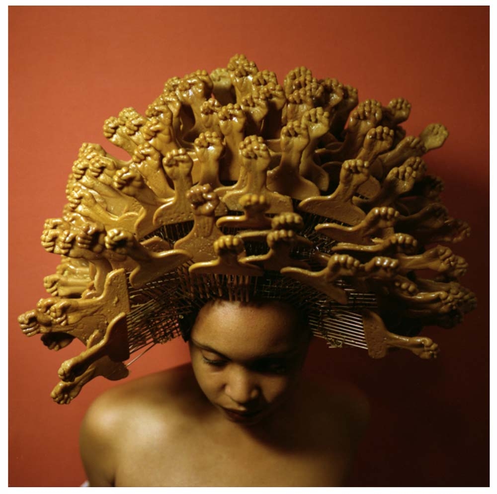 image of a woman with a multitude of afro picks in her hair