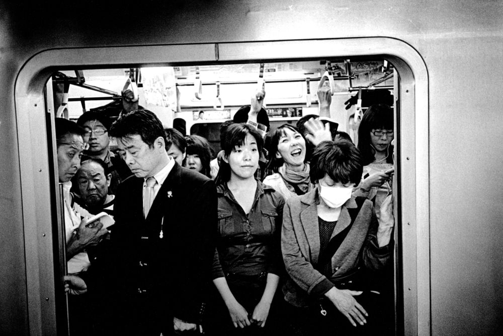 A crowded subway car