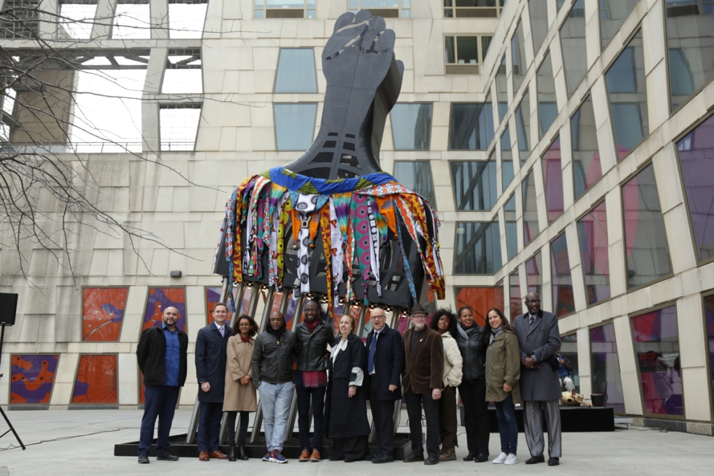 Artist Hank Willis Thomas has designed a monumental Afro pick for a temporary installation in New York City. (Courtesy Kindred Arts and The Africa Center)