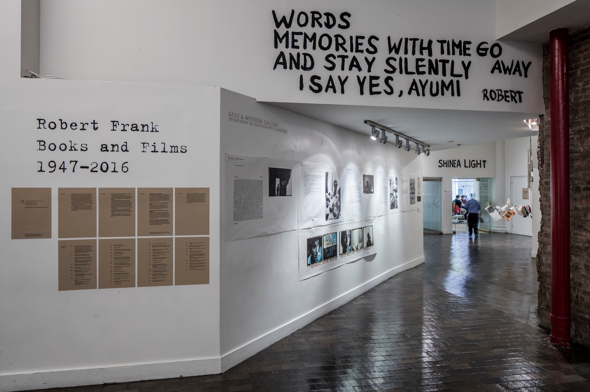 Installation view of Robert Frank Exhibition in the Tisch Lobby. Photo: Karl Peterson