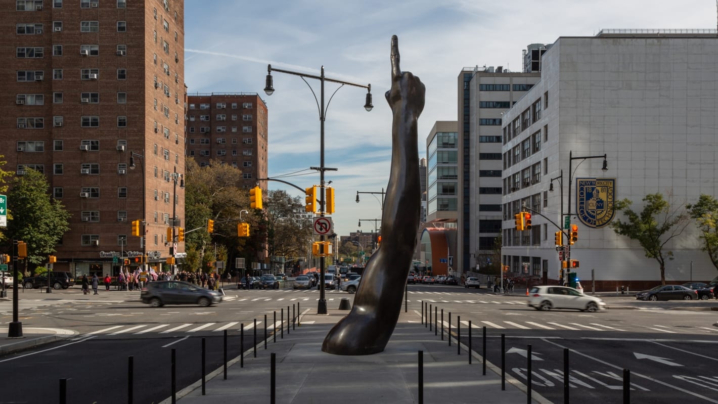 "Unity," which Willis Thomas created in 2019, sits at the foot of the Brooklyn Bridge, with a gesture reminiscient of the Statue of Liberty. Hank Willis Thomas