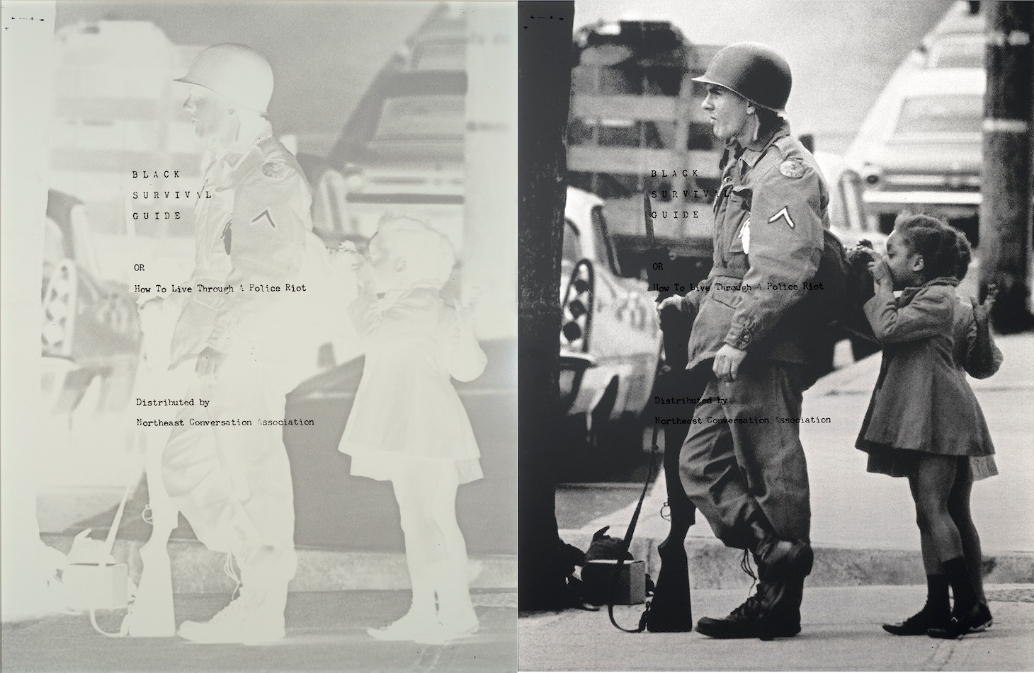 screen print on retroreflective vinyl with aluminum backing, photograph of Wilmington riots and National Guard occupation