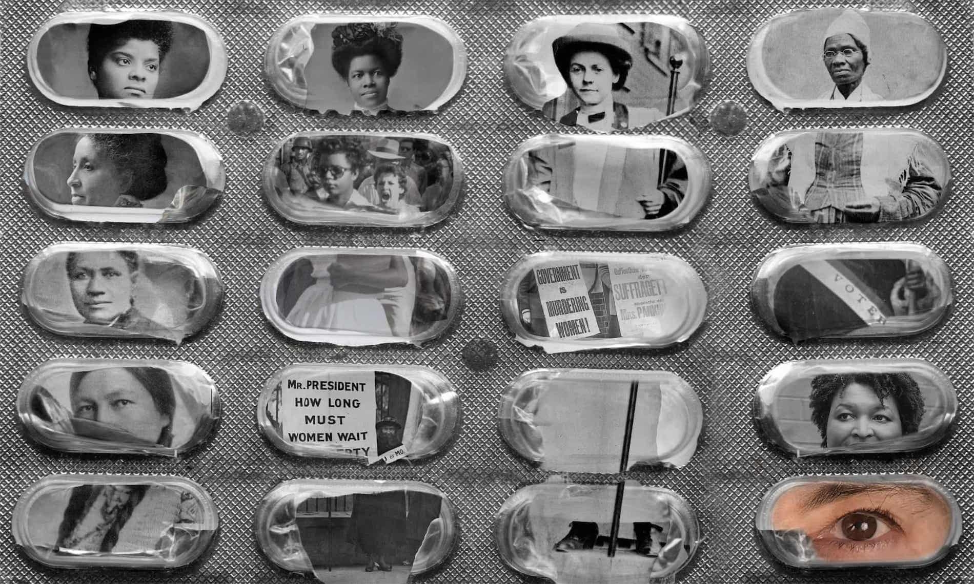 a close up of old photographs of the suffrage movement peeking through used capsules on a birth control pill holder