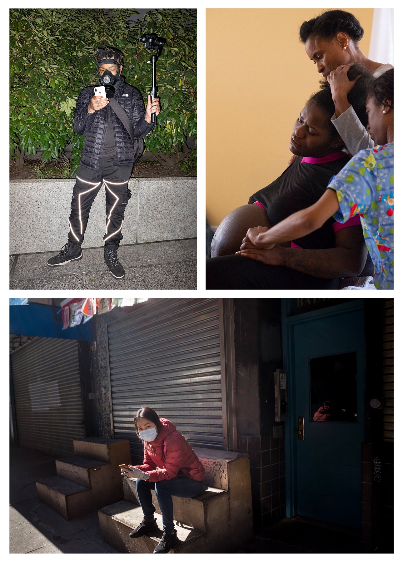 Three images: First one is a man dress in black behind bushes holding a camera and wearing a hazmat mask. Second image is a women and child behind a lady who is giving birth. The final image is a women sitting on some steps with a face mask.