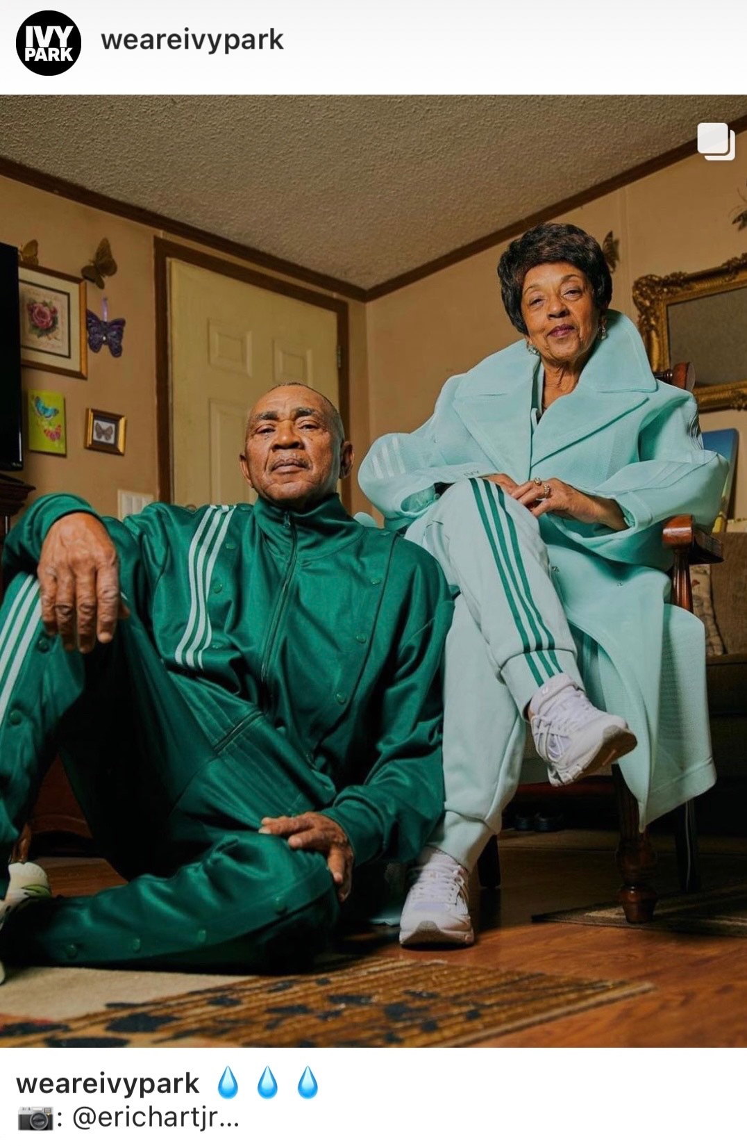 Grandparents sitting in green ivy park track suit