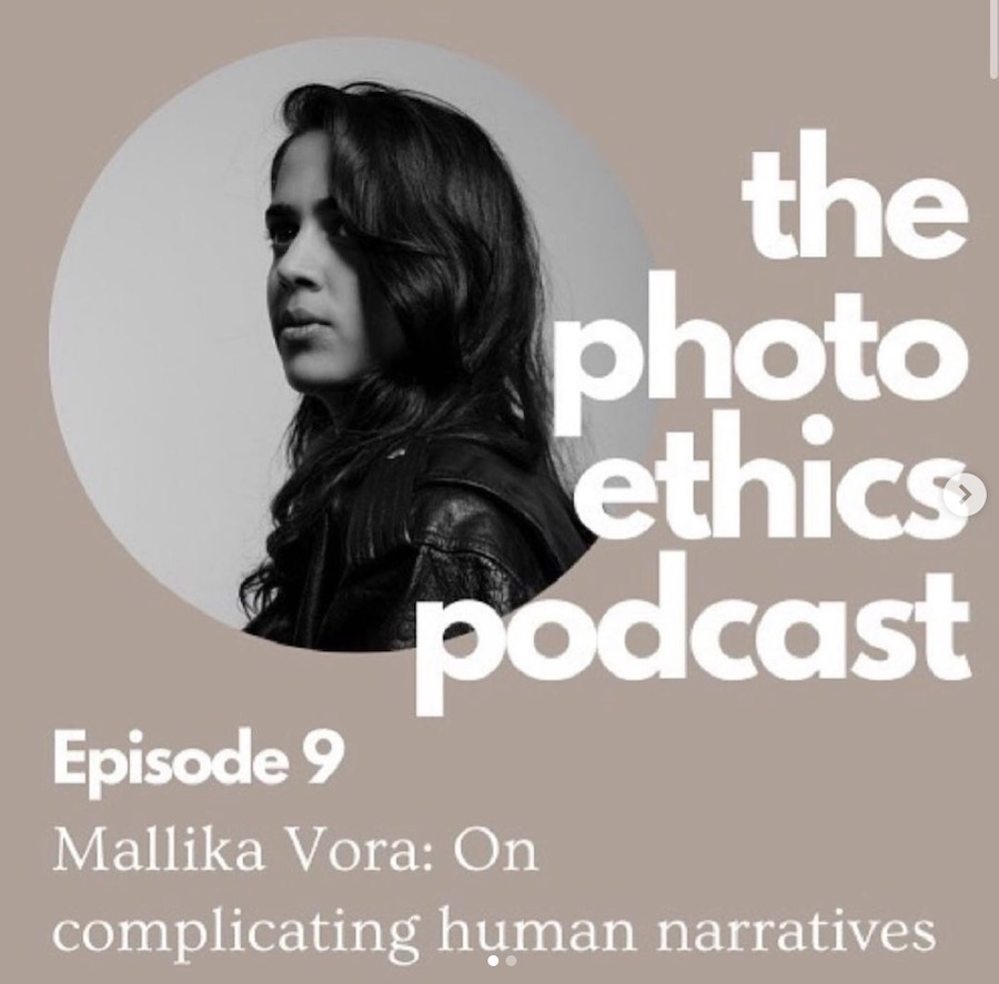 portrait of photographer mallika vora, an alum of our department, inlay on a graphic with text denoting podcast episode title of "episode 9 mallika vora: on complicating human narratives"