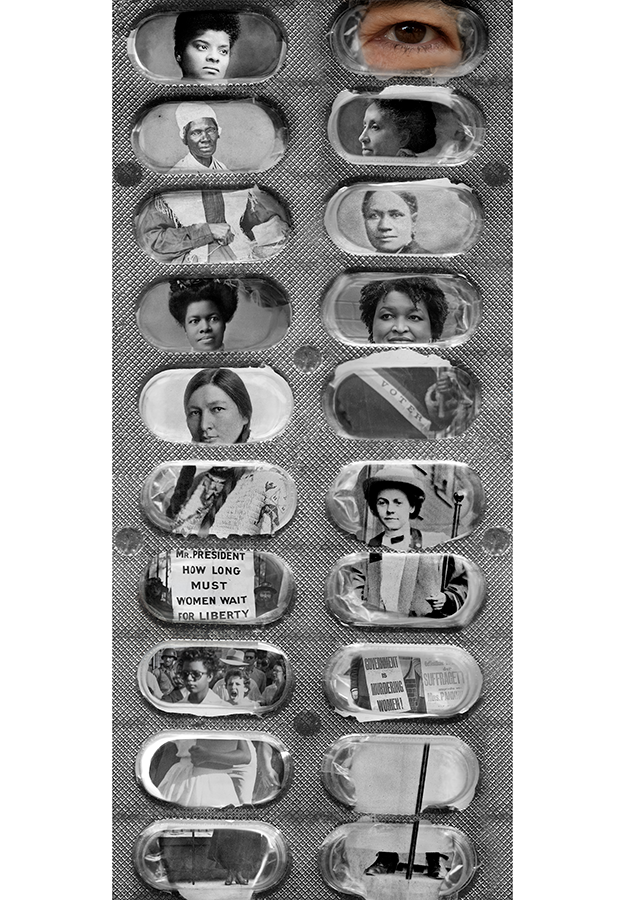 photo of 20 historic women inset behind a used pill package