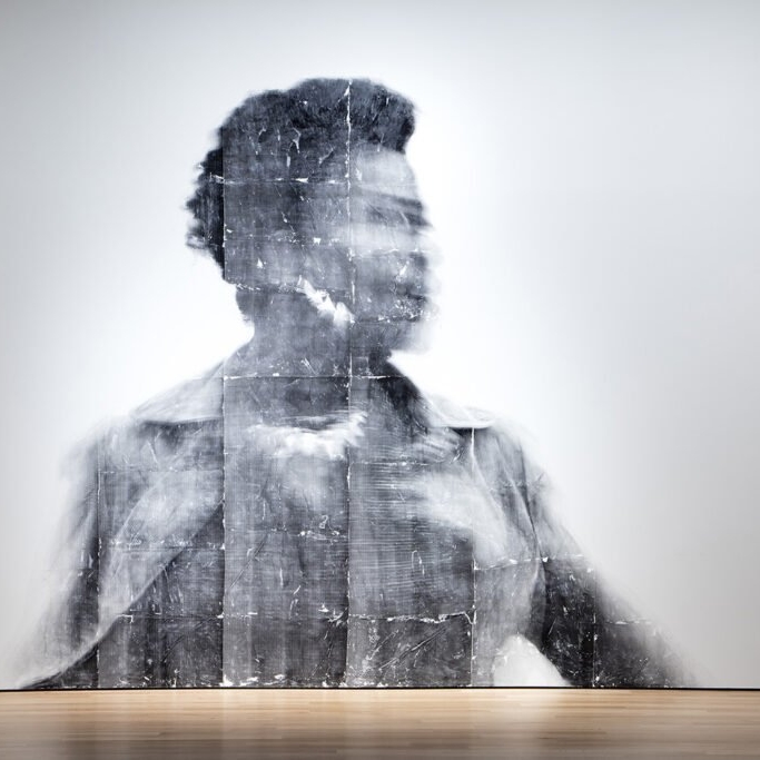 installation view of a larger than human scale portrait of a person in blurred focus