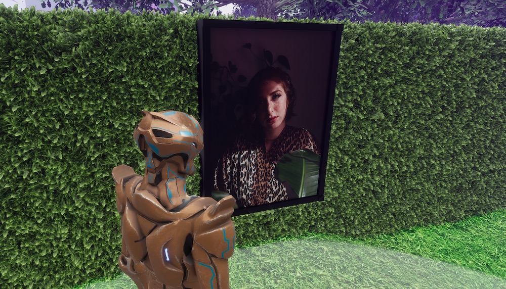 VR avatar stands in a virtual gallery looking upon a frame photo portrait