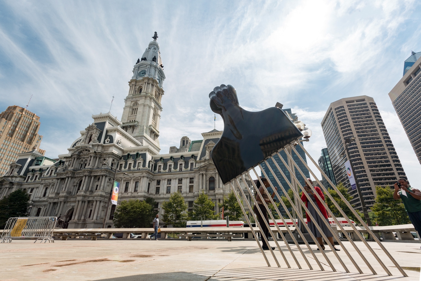 sculpture of giant afro pick in front of philadelphia city hall