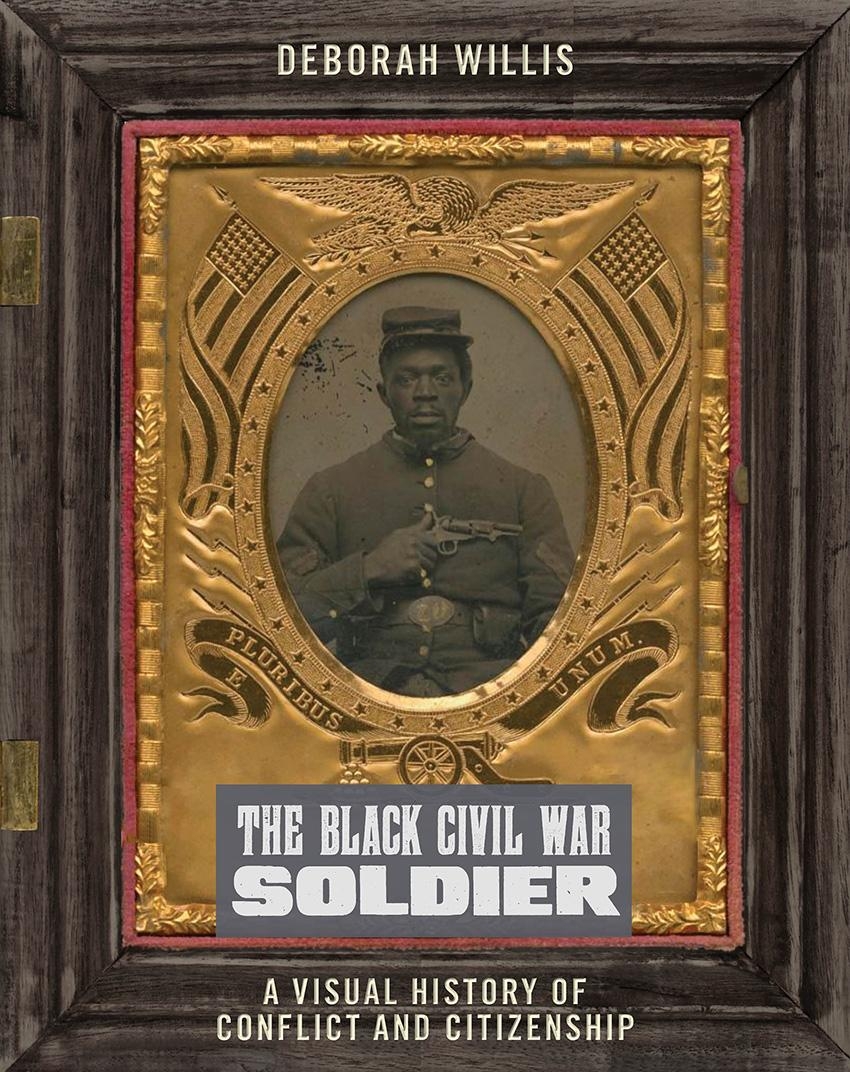 book cover featuring portrait of black civil war soldier inlaid on gold decorated leather cover