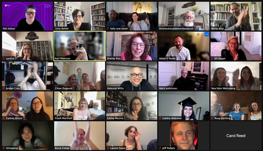 a grid of portraits. headshots from screenshot of Zoom conference call.