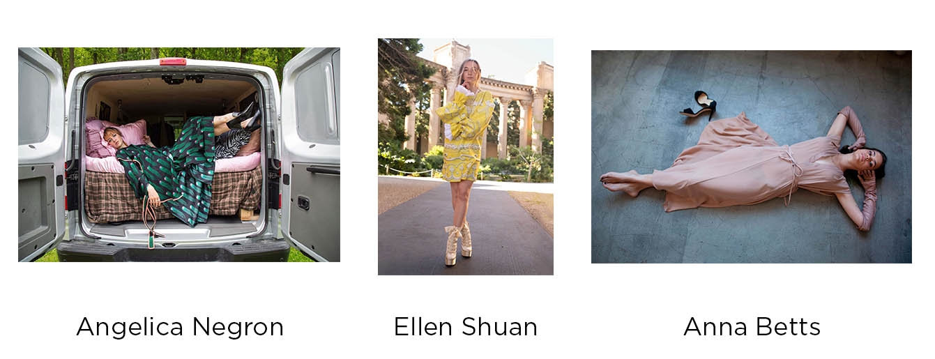 three images of fashion items by angelica negron, ellen shuan, anna betts