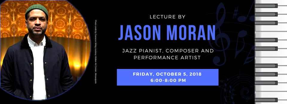 photo of Jason Moran, composed on top of text with event info and a piano 