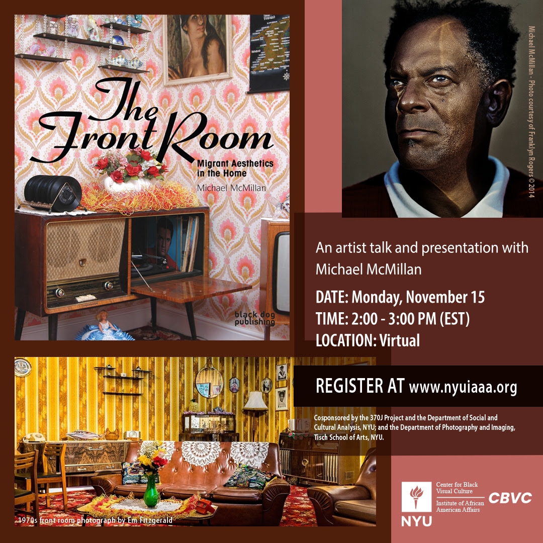 the front room flier contains interior photos of furniture and decor plus a portrait of the presenter and text for the event details, which is repeated below on page.