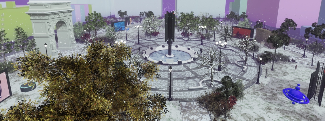 3d concept rendering of washington square park - trees, structures, etc.