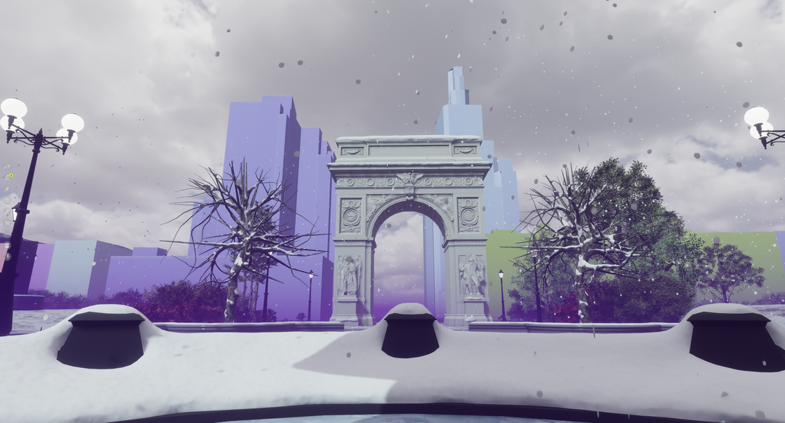 virtual rendering of washington square park, including the ws arch and scenery