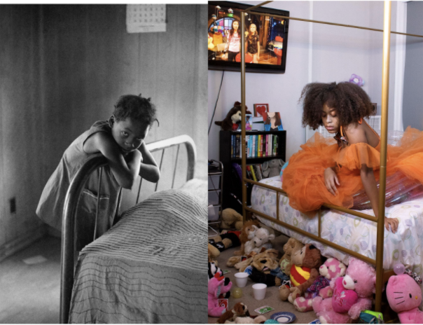 side by side two portraits of female-presenting persons one in black and white, with the subject is solo, the other in color with the subject atop of a bed with stuffed animals lining the bed frame