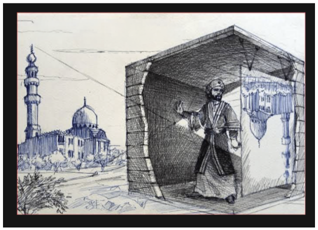 This illustration depicts the famous 11th-century Arab scientist Ibn al-Haytham (known in the West as Alhazen) demonstrating the principles of the camera obscura.